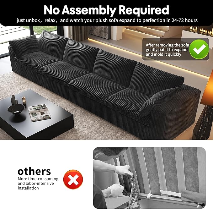 157.5" 4-Seater Cloud Sofa,Modular Sectional Couch,Modern Deep Seat Upholstered Couches with Plush Corduroy Fabric for Living Room Furniture,Bedroom and Apartment,No Assembly Required,Black-CasaMuseHome