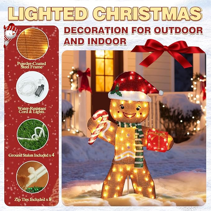 5FT Gingerbread Man with Candy Cane and Gift Box Decoration, 2.5D Pre-Lit Gingerbread Man Decor with 120 LED Lights for Christmas, Freestanding Glittered Holiday Display for Outdoor, Indoor-CasaMuseHome