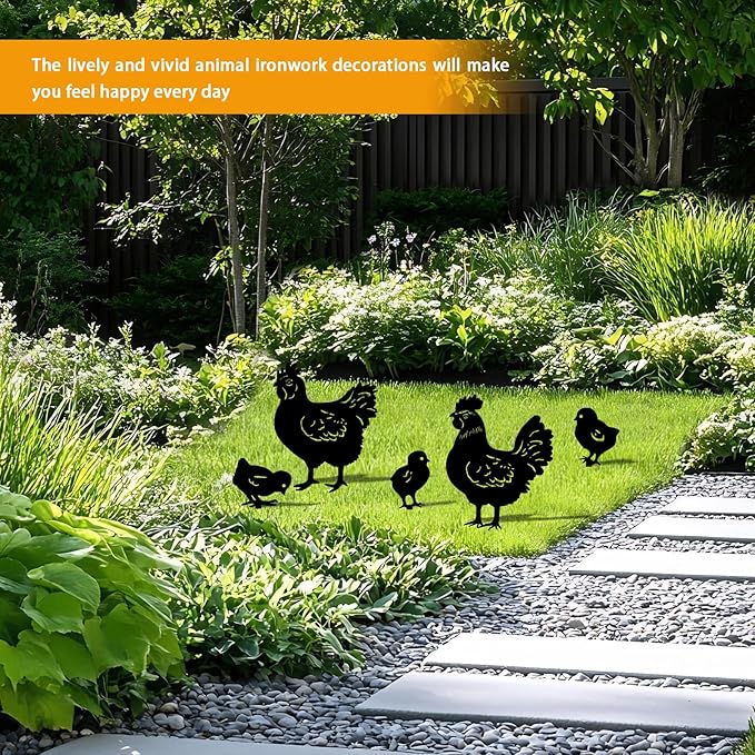 5 Pack Chicken Metal Garden Decorative Stakes, Weather Proof Silhouette Statues for Yard, Patio,Outdoor Decor for Chicken Lovers and Pet Owners-CasaMuseHome
