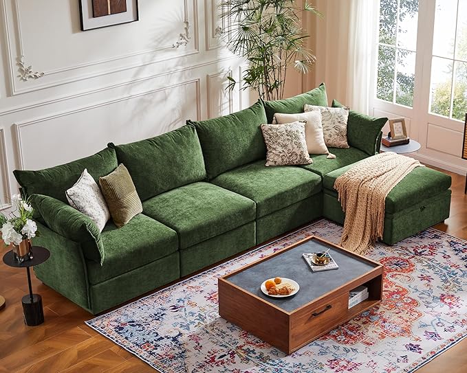134.6" Luxury Modular Sectional Convertible Sofa with Storage Ottoman, L-Shape 5-Seat Oversized Comfy Couch Deep Seat with Reversible Chaise - Chenille Green-CasaMuseHome