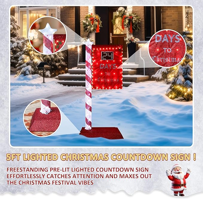 5FT Lighted Christmas Countdown Sign, Remote Control Available Within 0-60 Days, Holiday Countdown Sign Decor with 125 LED Lights, Freestanding Glittered Holiday Display for Outdoor, Indoor-CasaMuseHome