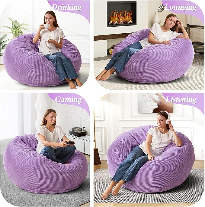 3.5FT Bean Bag Chairs Teardrop Bean Bag Chair for Adults Beanbag Chair with Memory Foam Filled Machine Washable Cover for Living Room, Bedroom (Large,Purple)-CasaMuseHome