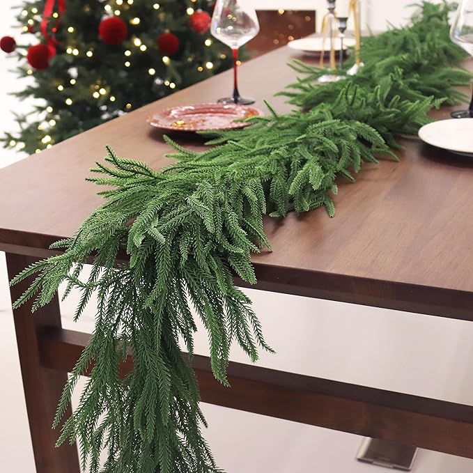 2PCS 9FT Christmas Garland Norfolk Pine Garland Real Touch Artificial Greenery Garland for Mantle Fireplace Table Indoor Outdoor Decor (Normal)-CasaMuseHome