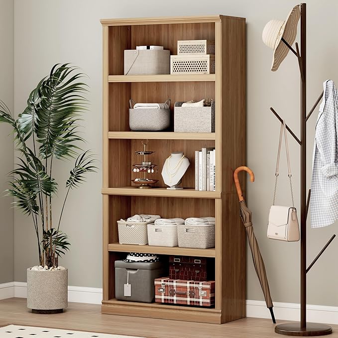 70 in Tall Bookcase, White Bookshelf Open Storage 5-Tier Shelves, 33 inch Wide Floor Standing Indoor Furniture, Book Cases for Home School Library Office Bedroom Kids, Oak 5 Tiers-CasaMuseHome