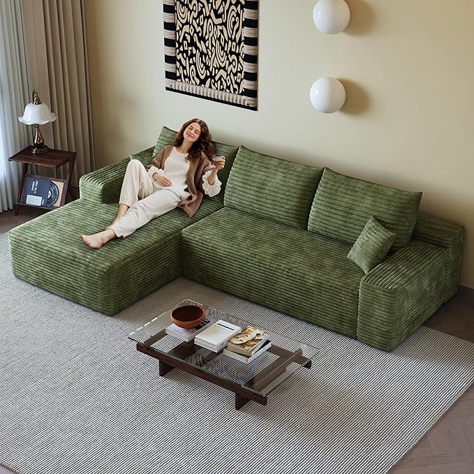 108" Sectional Couches for Living Room Modern Modular Sofa with L-Shape Couchs Upholstered Boneless Couch Deep Seat Sectional Couch with Chaise (Green, Left Facing Chaise+2Seaters)-CasaMuseHome