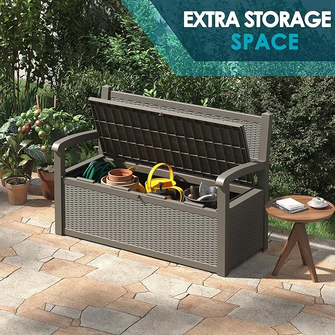 70 Gallon Storage Bench Deck Box for Patio Furniture with Armrest Bench Outdoor Storage-CasaMuseHome
