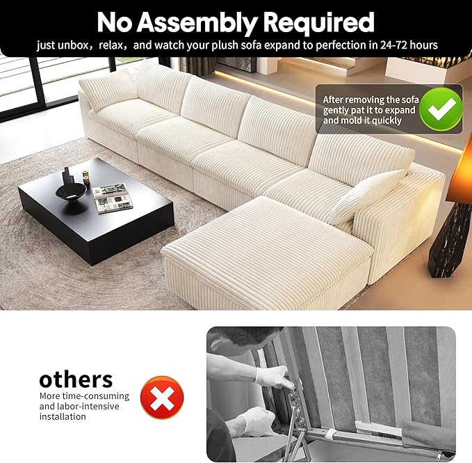 157.5" L Shaped Modern Sofa Modular Sectional Cloud Couch with Ottoman,Deep Seat Upholstered Couches with Corduroy Fabric for Living Room Furniture,Bedroom and Apartment,No Assembly Required,White-CasaMuseHome