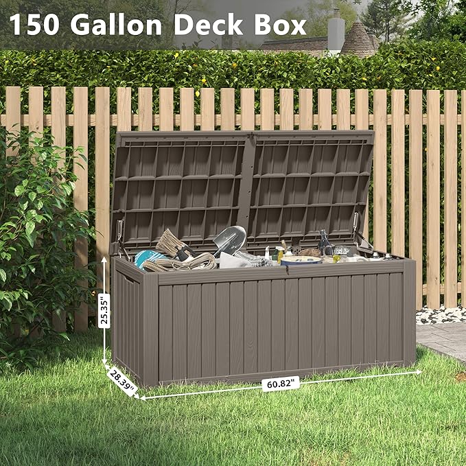 150 Gallon Resin Deck Box, Large Indoor and Outdoor Storage Box, Weatherproof and UV Resistant Outdoor Storage Box with Built-in Steel Beams for Patio, Cushions, Pool Supplies-CasaMuseHome