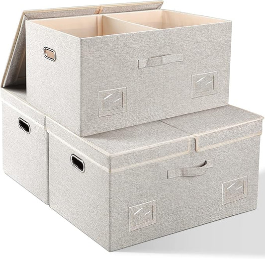 75 Quarts Extra Large Decorative Storage Bins with Lids, 3 Packs Beige Collapsible Storage Bins with Lids, Stackable Storage Bins Decorative Box Storage With Lid Extra Large-CasaMuseHome