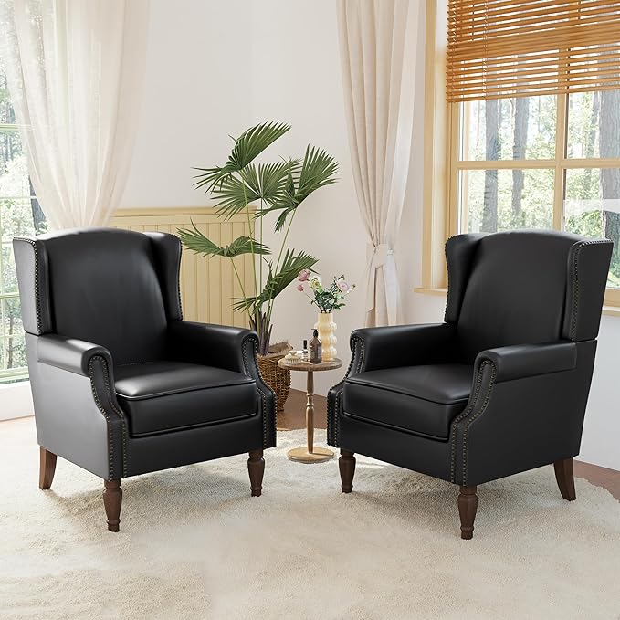 Accent Chairs, Faux Leather High Back Armchair Set of 2 or Living Room, Comfy Upholstered Single Sofa Reading Chairs with Solid Wood Legs for Office, Bedroom, Waiting Room-Black-CasaMuseHome