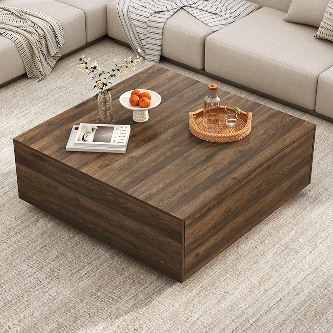43” Square Coffee Table with Storage, Modern Large Square Center Table with 2 Drawers, Wood Coffee Table for Living Room, Walnut-CasaMuseHome