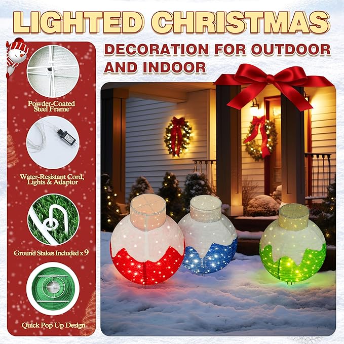 36 Inch Pop-Up Christmas Ball with 90 LED Lights for Outdoor Xmas Decor, 3-Piece Pre-Lit Iridescent Christmas Ball Ornaments Decor with Base, Outdoor 3D Glittered Standing Holiday Display-CasaMuseHome