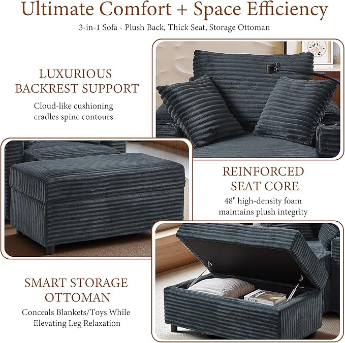 Accent Chair with Storage Ottoman Upholstered Living Room Chairs for Reading Chair with Chaise Lounge Chairs Indoor, Comfortable Armchair for Bedroom-CasaMuseHome