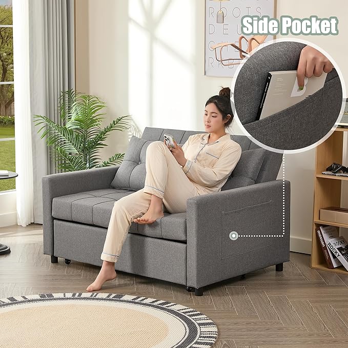 52" Sleeper Sofa with Pull-Out Bed, 3-in-1 Convertible Sofa Bed, Loveseat with Stepless Adjustable Backrest and Side Pocket, for Living Room Dorm Apartment, Linen, Light Gray-CasaMuseHome