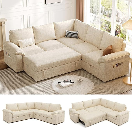 85 Inch Sectional Sleeper Sofa with Pull Out Bed,L Shaped 5 Seat Modular Sectional Sofa with Storage,Sectional Couches for Living Room,Cloud Modular Couch,Removable Sofa Cover,Beige-CasaMuseHome