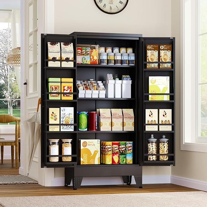 51" Metal Kitchen Pantry Cabinet, Storage Cabinets with 2 Door and 3 Adjustable Shelves, Black Freestanding Food Storage Cabinet, Steel Cupboard for Kitchen Dinning Room-CasaMuseHome