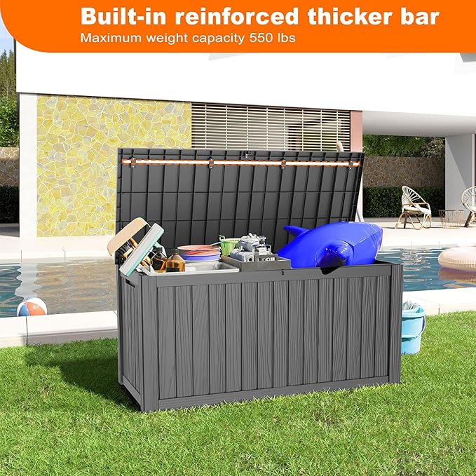 150 Gallon Deck Box,Resin Outdoor Storage Box with Lockable for Patio Furniture, Pool Accessories, Garden Tools Waterproof Outside Storage Box, Black-CasaMuseHome