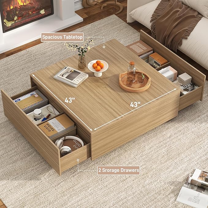 43” Square Coffee Table with Storage, 43" D x 43" W x 17" H Modern Large Square Center Table with 2 Drawers, Wood Coffee Table for Living Room, Light Brown,Bedroom,Light Brown-CasaMuseHome