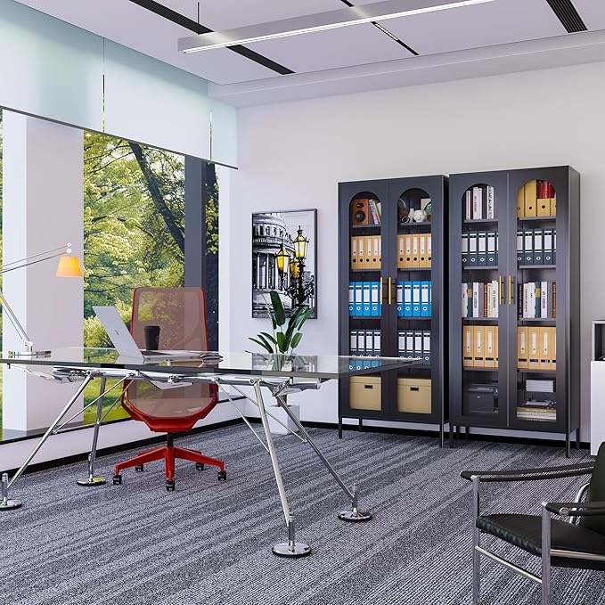 71" Tall Display Cabinet, 5-Tier Bookshelf with Doors & Adjustable Shelf, Modern Storage Cabinets Ideal for Book, Wine, Collectibles, Free Standing Bookcase for Home, Office, Living Room-CasaMuseHome