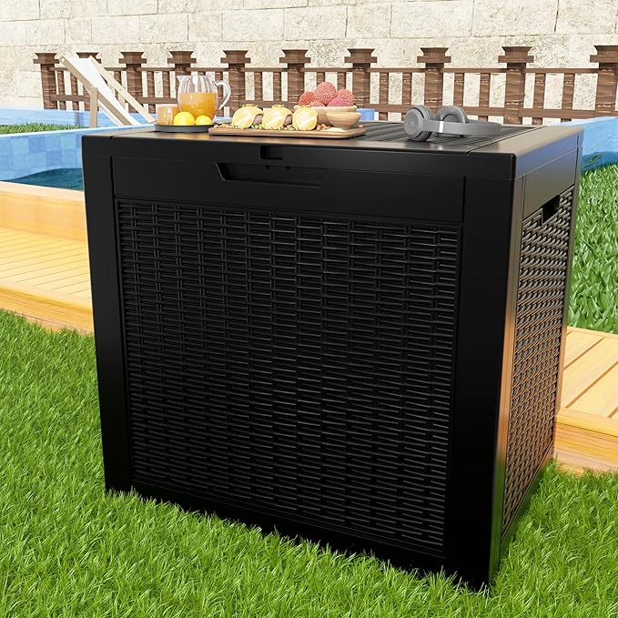 36 Gallon Outdoor Deck Box,Storage Lockable Waterproof Patio Furniture,Garden Tools,Cushions,Pool Accessories Outside Storage Resin Box(Black Pattern)-CasaMuseHome