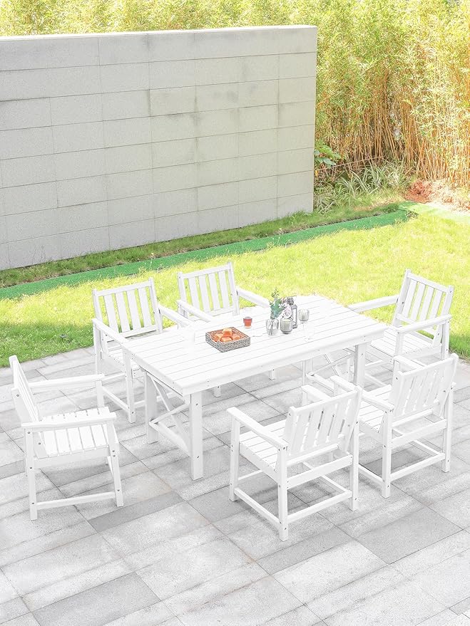 7 Pieces HDPE Outdoor Dining Set, Patio Dining Set with Umbrella Hole, All Weather Outdoor Dining Table Sets for 6, HDPE Patio Furniture Sets for Deck, Backyard, Lawn, and Poolside, Pearl-CasaMuseHome