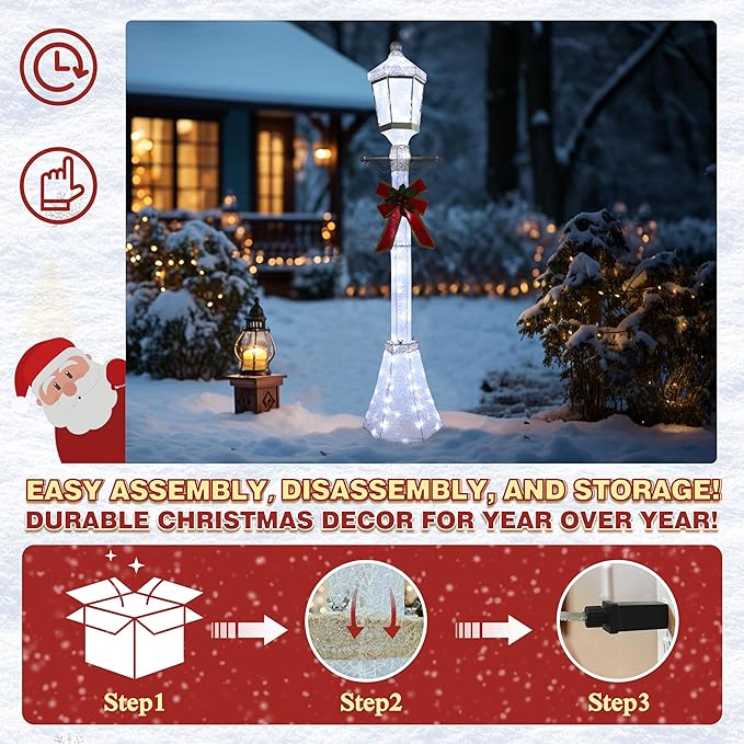 6FT Lighted Freestanding Lamp Post for Christmas Decoration, Pre-Lit Iridescent Post Lamp with 120 LED Lights & Removable Bow, Outdoor 3D Glittered Standing Festival Display, White-CasaMuseHome