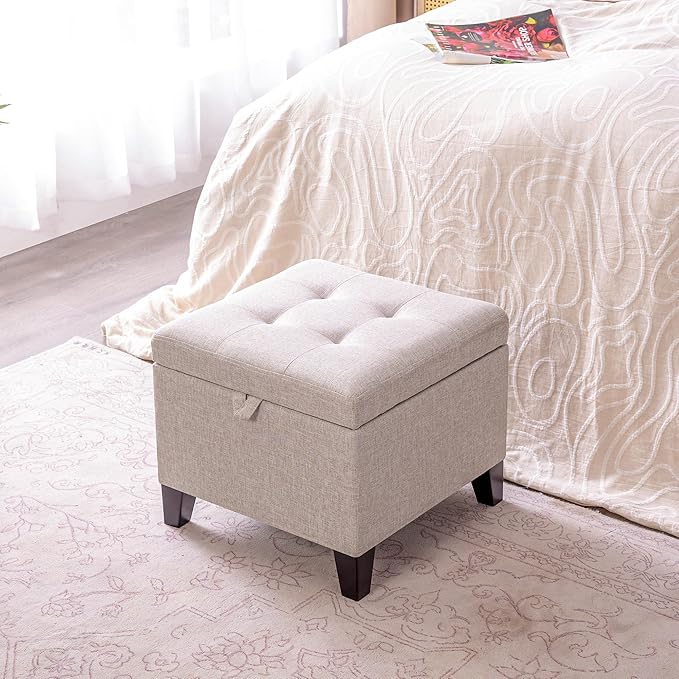 Adeco 18 Inch High Cube Ottoman Storage, Linen Chair Foot Stools, Upholstered Vanity Stool with Hinged Lid, Solid Wood Legs (Beige Grey)-CasaMuseHome