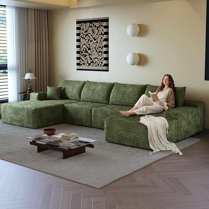108" Sectional Couches for Living Room Modern Modular Sofa with L-Shape Couchs Upholstered Boneless Couch Deep Seat Sectional Couch with Chaise (Green, Left Facing Chaise+3Seaters+Ottoman)-CasaMuseHome
