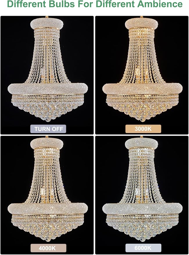 14 - Light Unique Empire Crystal Chandelier with Adjustable Chain for High Ceiling Foyer Entryway Living Room Dining Room Bedroom Gold Finish-CasaMuseHome