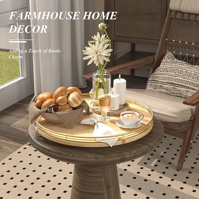 16 Inch Rustic Lazy Susan Turntable – Solid Oak & Iron Wood Rotating Tray for Dining Table, Kitchen Counter, Coffee Table – Farmhouse Style Large Wooden Lazy Susan Organizer for Home Décor-CasaMuseHome