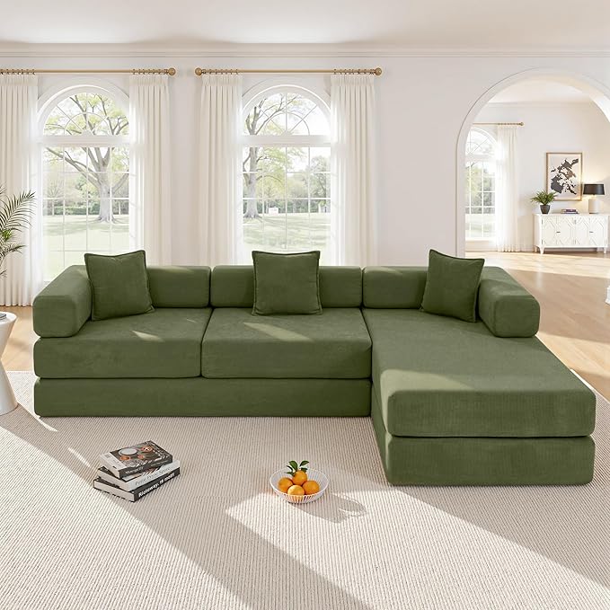108" Oversized Convertible Sleeper Sofa Bed, Corduroy L Shape Sectional Couch, Folding Sofa Bed with Side Pocket, Modern Cloud Floor Mattress Couch, Modular Sofa for Living Room, Green-CasaMuseHome
