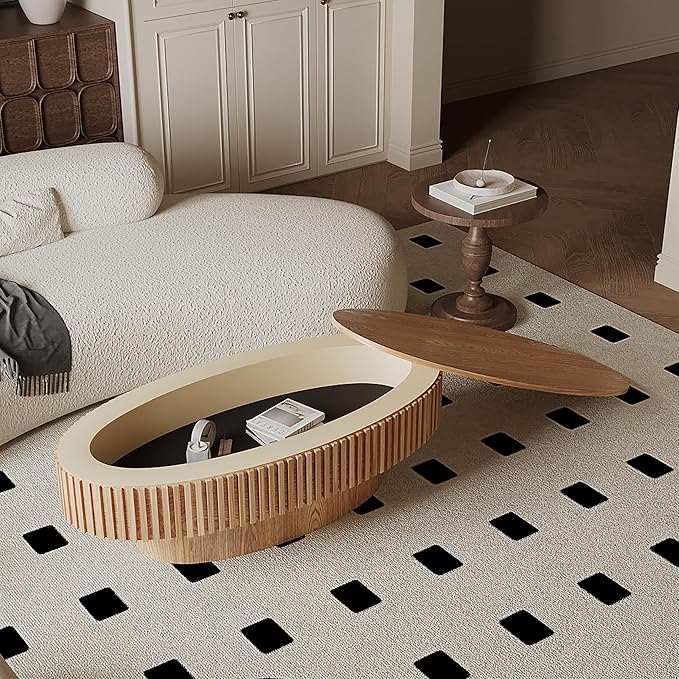 47.2''Oval Coffee Table with Storage, Mid Century Modern Drum Center Tables with Lid Fluted Solid Wood Side Coffee Table Pedestal Tea Table for Living Room, Bedroom, Apartmen-Natural-CasaMuseHome