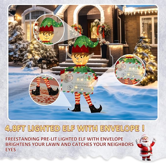 4.8FT Lighted Elf with Envelope Outdoor Christmas Decoration, 3D Pre-Lit Elf Decor with 100 LED Lights for Christmas, Freestanding Glittered Holiday Display for Outdoor, Indoor-CasaMuseHome