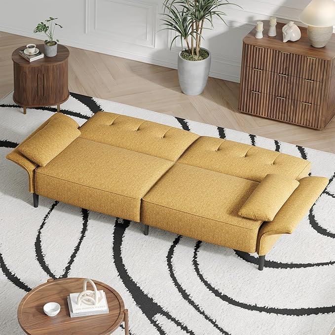 89” Futon Sofa Bed, Linen Comfy Futon Couch Bed with 2 Square Pillows, Convertible Sleeper Sofa with Adjustable Backrest& Armrests, Modern Loveseat Sleeper for Living Room, Bedroom, Yellow-CasaMuseHome