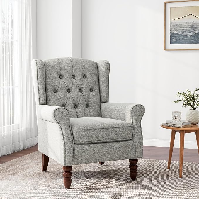 Accent Chair, Upholstered Armchair with Button Tufted High Back & Solid Wood Legs, Comfy Wingback Reading Single Sofa Chair for Small Spaces, Living Room, Bedroom (Light Grey, Set of 1)-CasaMuseHome