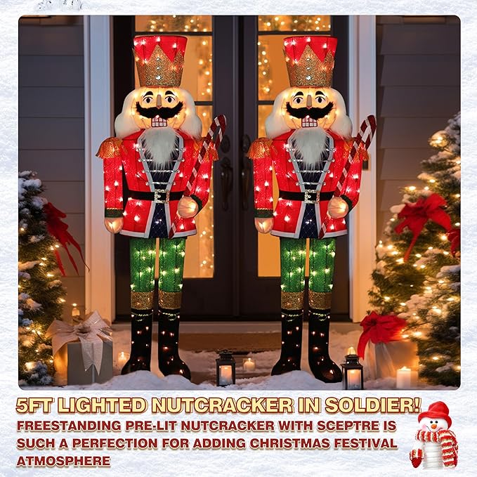 5FT Lighted Nutcracker with Candy Cane for Christmas Decoration, 3D Pre-Lit Iridescent Soldier Xmas Decor with 100 Warm White Lights, Glittered Standing Holiday Display for Outdoor, Indoor-CasaMuseHome