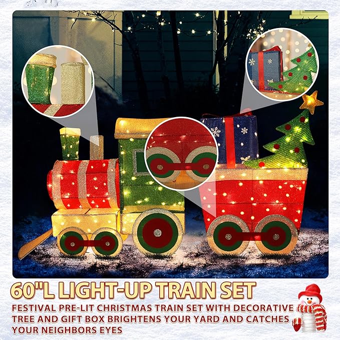 5FT Light-Up Christmas Train Decor with 170 LED Lights, 3D Pre-Lit Train Set with Gift Box and Christmas Tree for Xmas Decoration, Freestanding Glittered Holiday Display for Outdoor, Indoor-CasaMuseHome