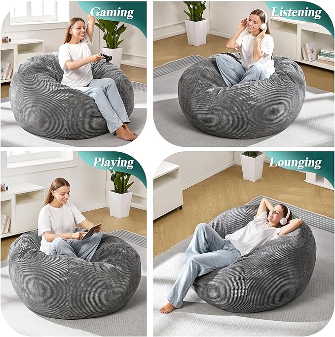 3.5FT Bean Bag Chairs Teardrop Bean Bag Chair for Adults Beanbag Chair with Memory Foam Filled Machine Washable Cover for Living Room, Bedroom (Large,Grey)-CasaMuseHome