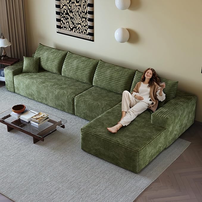 136" Sectional Couches for Living Room Modern Modular Sofa with L-Shape Couchs Upholstered Boneless Couch Deep Seat Sectional Couch with Chaise (Green, Right Facing Chaise+3Seaters)-CasaMuseHome