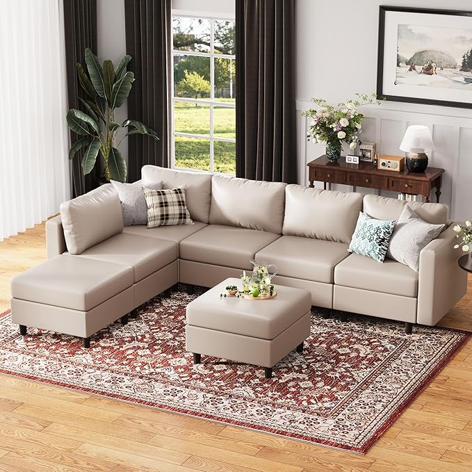 118.5" Faux Leather Modular Sectional Sofa, L Shaped Couch Set for Living Room, 7-Seater Comfy Cloud Couches with Storage Seat Whitesand-CasaMuseHome