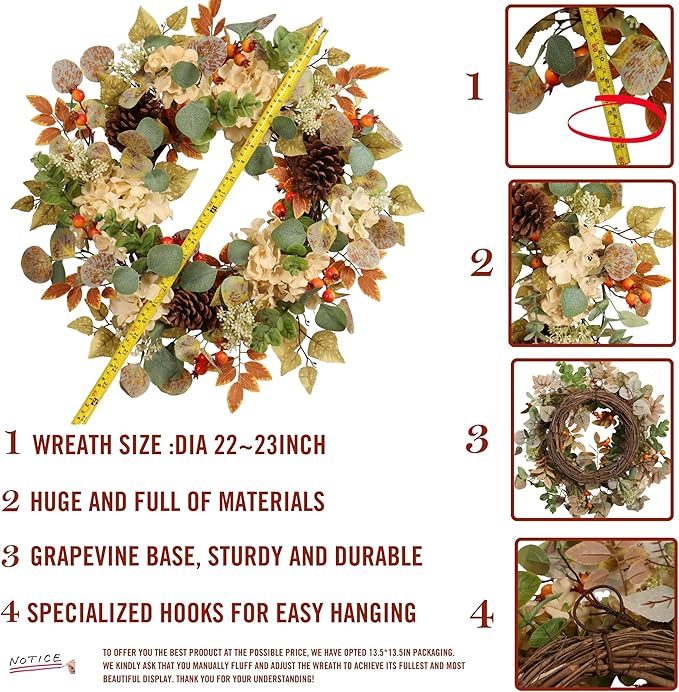 22 in Fall Hydrangea Wreath with Eucalyptus, Pinecones Orange Berries Perfect Autumn Door Wreath for Thanksgiving Harvest Decor - Rustic, Lifelike Durable for Indoor Outdoor Use-CasaMuseHome