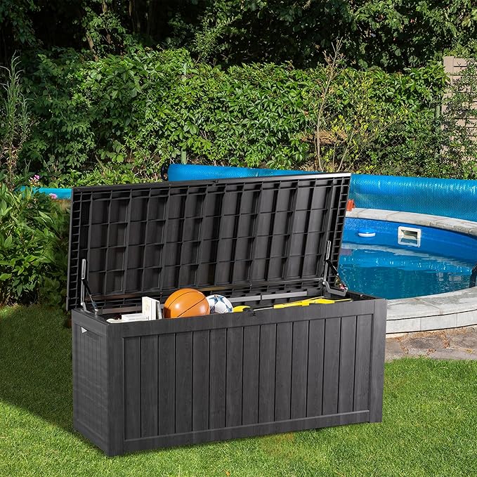 200 Gallon Lockable Resin Deck Box, Waterproof & UV-Resistant Outdoor Storage Box for Outdoor Cushion Storage, Garden Tools & Pool Accessories Storage, Black-CasaMuseHome