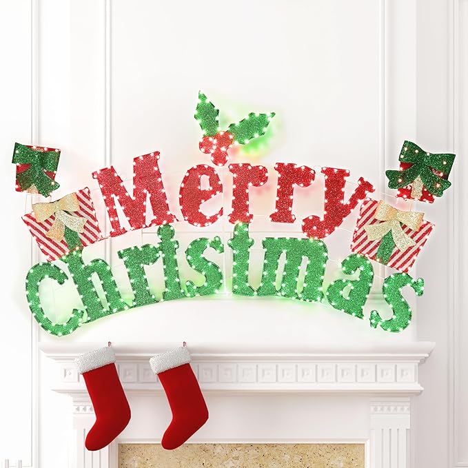 6FT Merry Christmas Sign for Decoration, 2-in-1 Pre-Lit Holiday Greeting Sign Decor with 456 LED Lights, Freestanding or Hanging Glittered Holiday Display for Outdoor, Indoor-CasaMuseHome