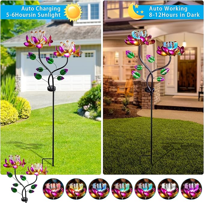 55'' Solar Powered Kinetic Wind Spinner Sculpture Pink Lotus Metal Stake Spinner for Patio, Lawn and Garden Decor Weather-Resistant Outdoor Art with Dual Lotus Design-CasaMuseHome