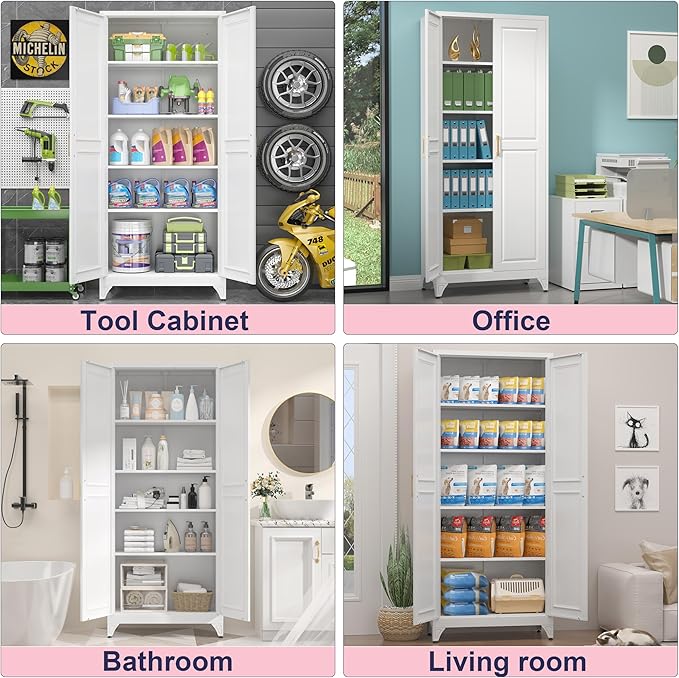 75" Storage Cabinet, Metal Pantry Cabinet, Kitchen Pantry Storage Cabinets with Doors and 4 Shelves, Cabinets for Laundry Room, Living Room, Dinning Room, Assembly Required, White-CasaMuseHome