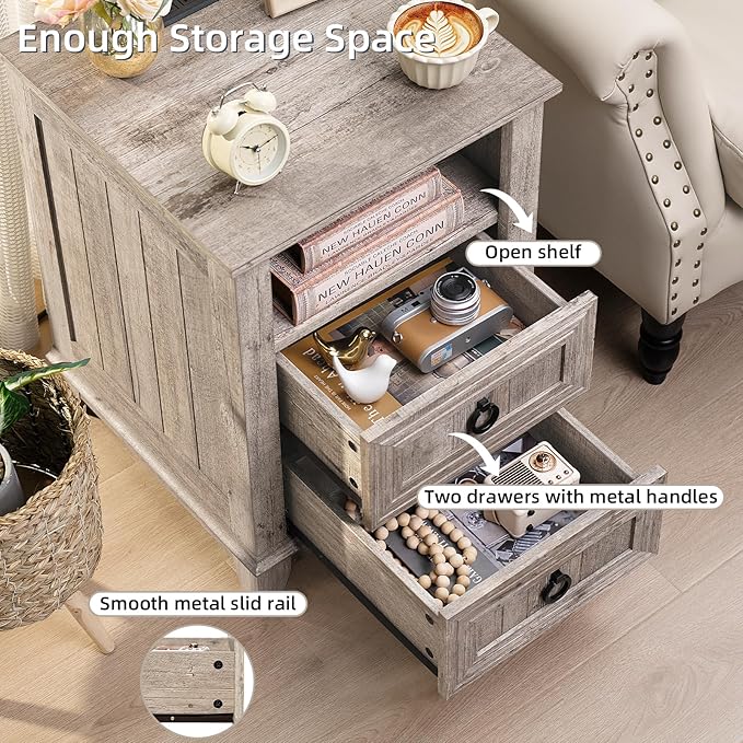 18" Farmhouse Night Stand with Charging Station, 2 Drawers End Table Dresser for Bedroom, Oak Wooden Nightstand, Bed Side Table with Open Shelf, Bedside Cabinet for Living Room, Closet-CasaMuseHome