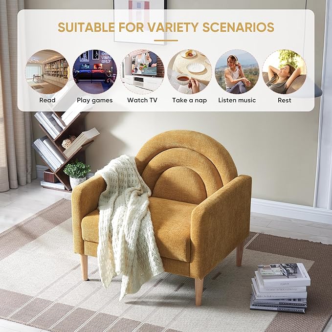 Accent Chair Reading Chair with Armrest, Small Comfy Chair for Small Spaces, Modern Linen Upholstered Armchair for Bedroom & Living Room, Single Sofa Chair with Wood Legs, Easy Assembly (Yellow)-CasaMuseHome