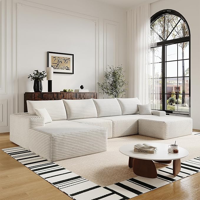 136" Sectional Couches for Living Room Modern Modular Sofa with L-Shape Couchs Upholstered Boneless Couch Deep Seat Sectional Couch with Chaise (White, Left Facing Chaise+3Seaters+Ottoman)-CasaMuseHome