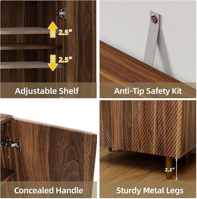 65 Inch Fluted TV Stand, Mid Century Modern Entertainment Center with Storage Cabinets & Adjustable Shelves, Media Console TV Credenza for Living Room, Dining Room, Hallway, Walnut-CasaMuseHome