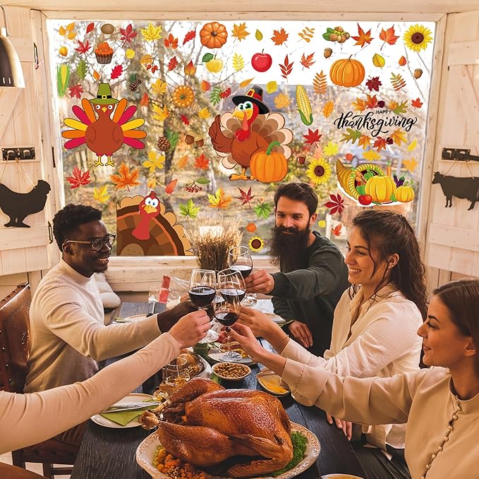 9 Sheets Thanksgiving Window Clings, 115PCS Thanksgiving Decorations Window Stickers, Turkey Decal Stickers with Cute Cones Nuts Maple Leaves Patterns for Fall Harvest Decorations Decor Accessories-CasaMuseHome